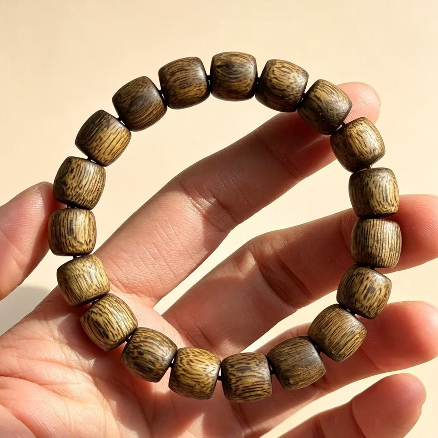 Natural Agarwood 10mm Drum Bead Bracelet | Handcrafted Rounded Cylinder Wood Beads | Single Loop Design | Dense Grain Pattern | Unisex Daily Wear Jewelry Gift