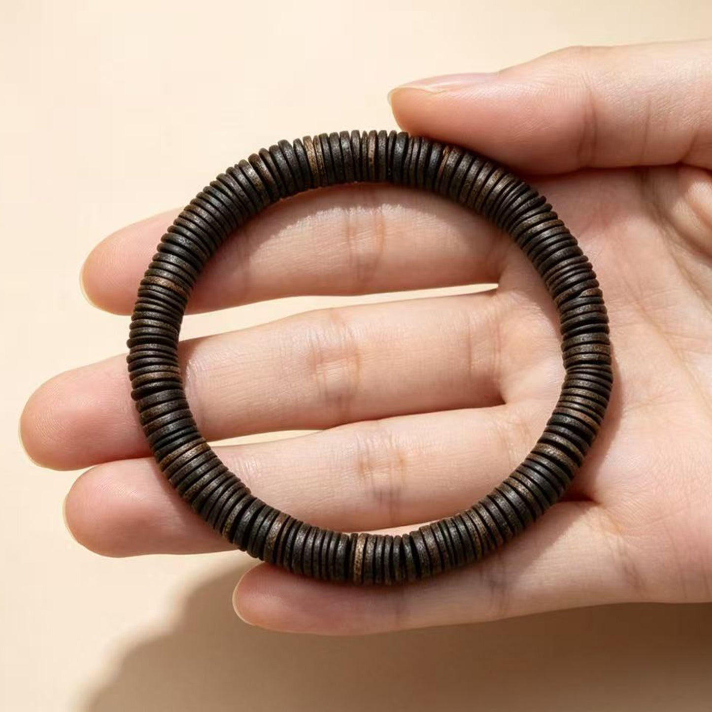 06mm Natural Agarwood Disc Bead Bracelet | Handcrafted Flat Round Spacer Wood Beads | Single Loop Design | Dense Grain Pattern