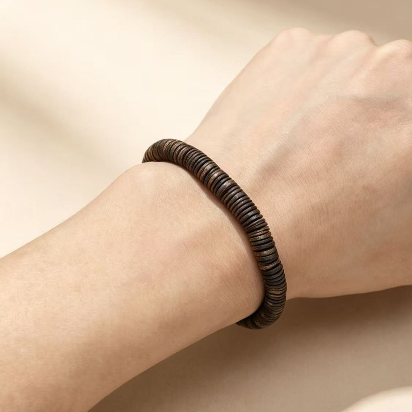 06mm Natural Agarwood Disc Bead Bracelet | Handcrafted Flat Round Spacer Wood Beads | Single Loop Design | Dense Grain Pattern