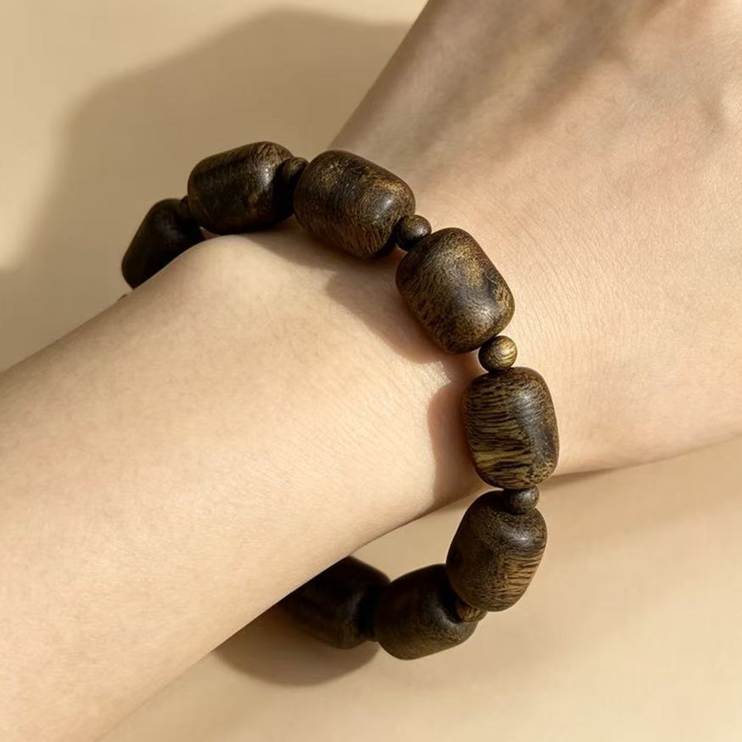 13mm Natural Agarwood Bracelet | Organic Form Oud Wood Wristband | Hand-Assembled Exotic Hardwood Jewelry | One of a Kind Grain Pattern