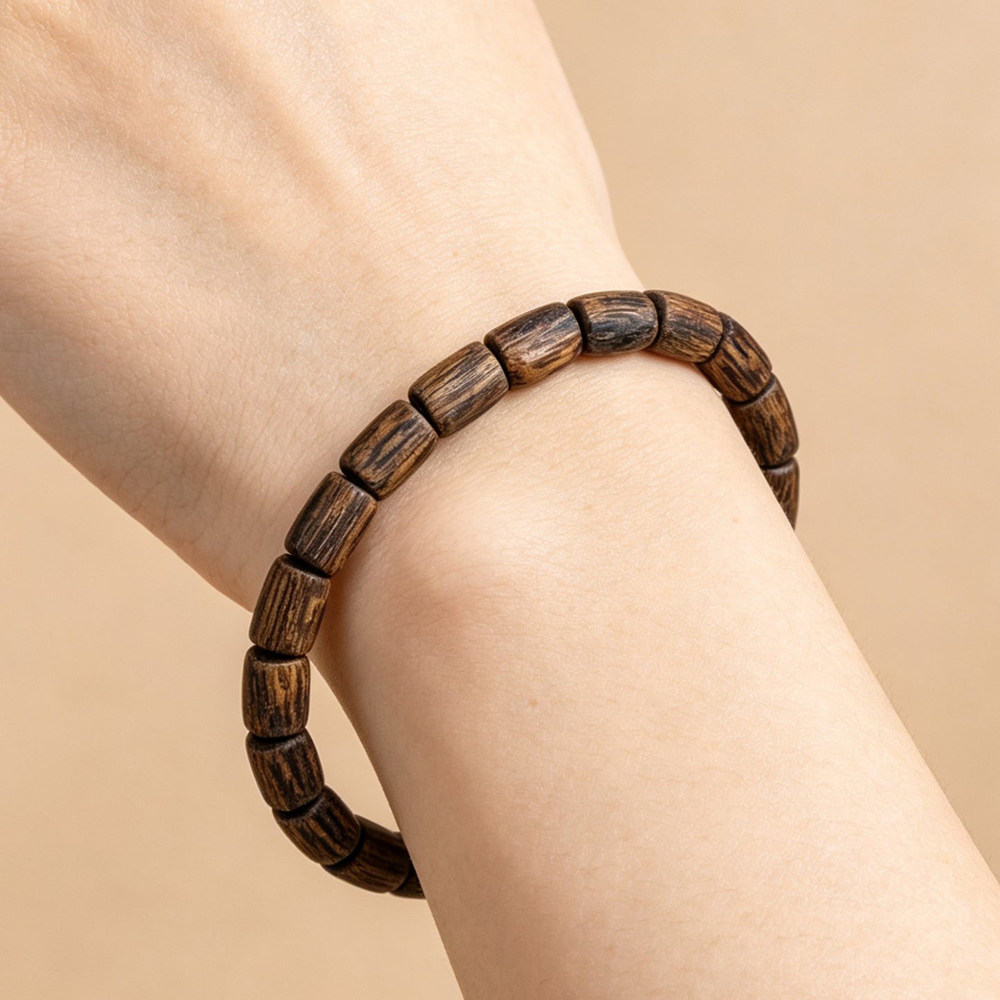 Natural Agarwood 6mm Barrel Bead Bracelet | Handcrafted Small Cylinder Wood Beads | Single Loop Minimalist Design | Dense Grain Pattern | Unisex Daily Wear Jewelry Gift