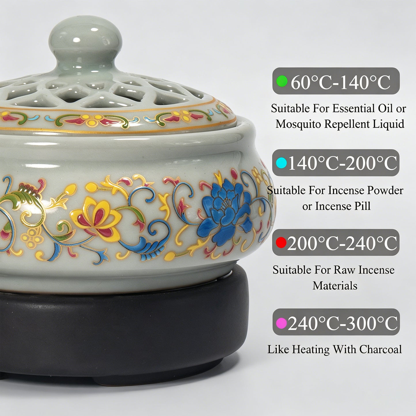Digital Electric Incense Burner Cloisonné Lotus Timer Temperature Control Home Aroma Diffuser