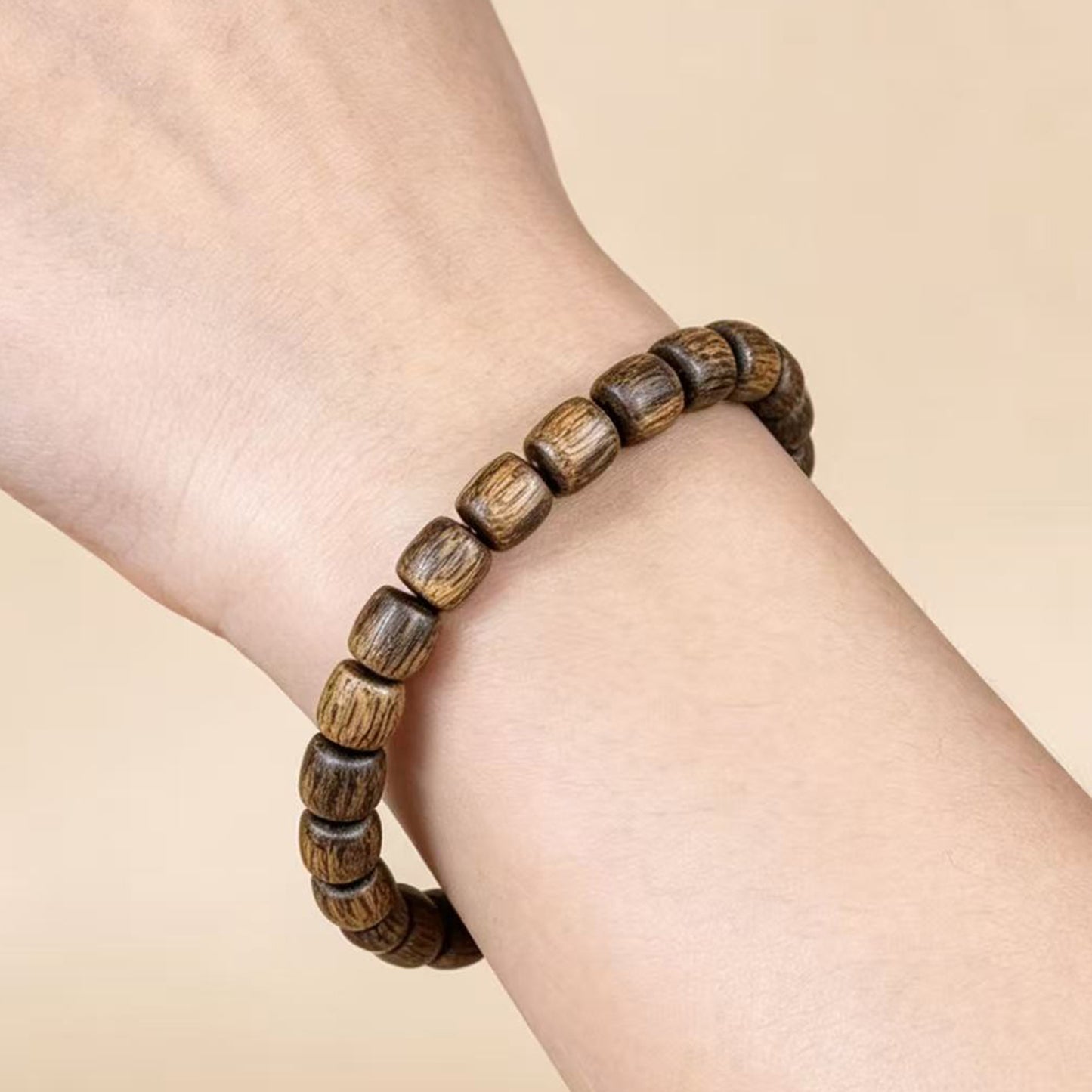 Natural Agarwood 8mm Drum Bead Bracelet | Handcrafted Rounded Cylinder Wood Beads | Single Loop Design | Dense Grain Pattern | Unisex Daily Wear Jewelry Gift