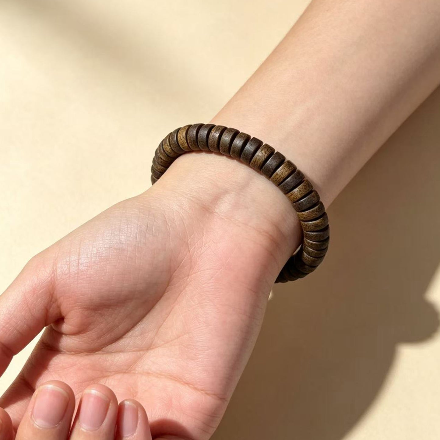 08mm Agarwood Bracelet | Flat-Cut Oud Wood Disc Wristband | Artisan Crafted Wooden Jewelry | Unique Resin Grain