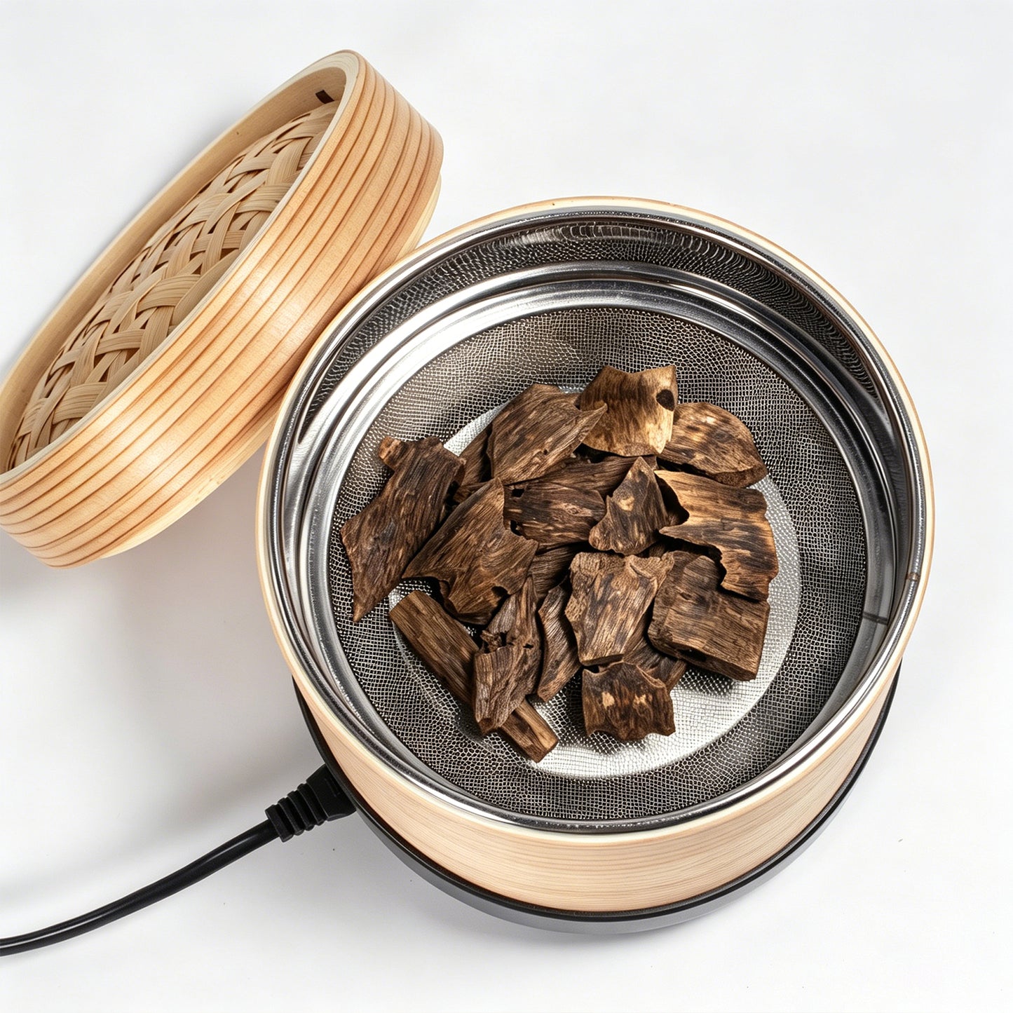 Electric Temperature-Controlled Aroma Warmer, Wooden Incense & Tea Roasting Box with Timer, Traditional Scent Diffuser for Blended Resins