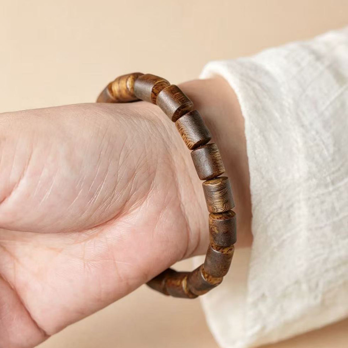 10mm Natural Kyara Agarwood Bracelet, Cylinder Barrel Beads Oudh Mala, Authentic Aromatic Wood Prayer Beads, Spiritual Gift for Men & Women