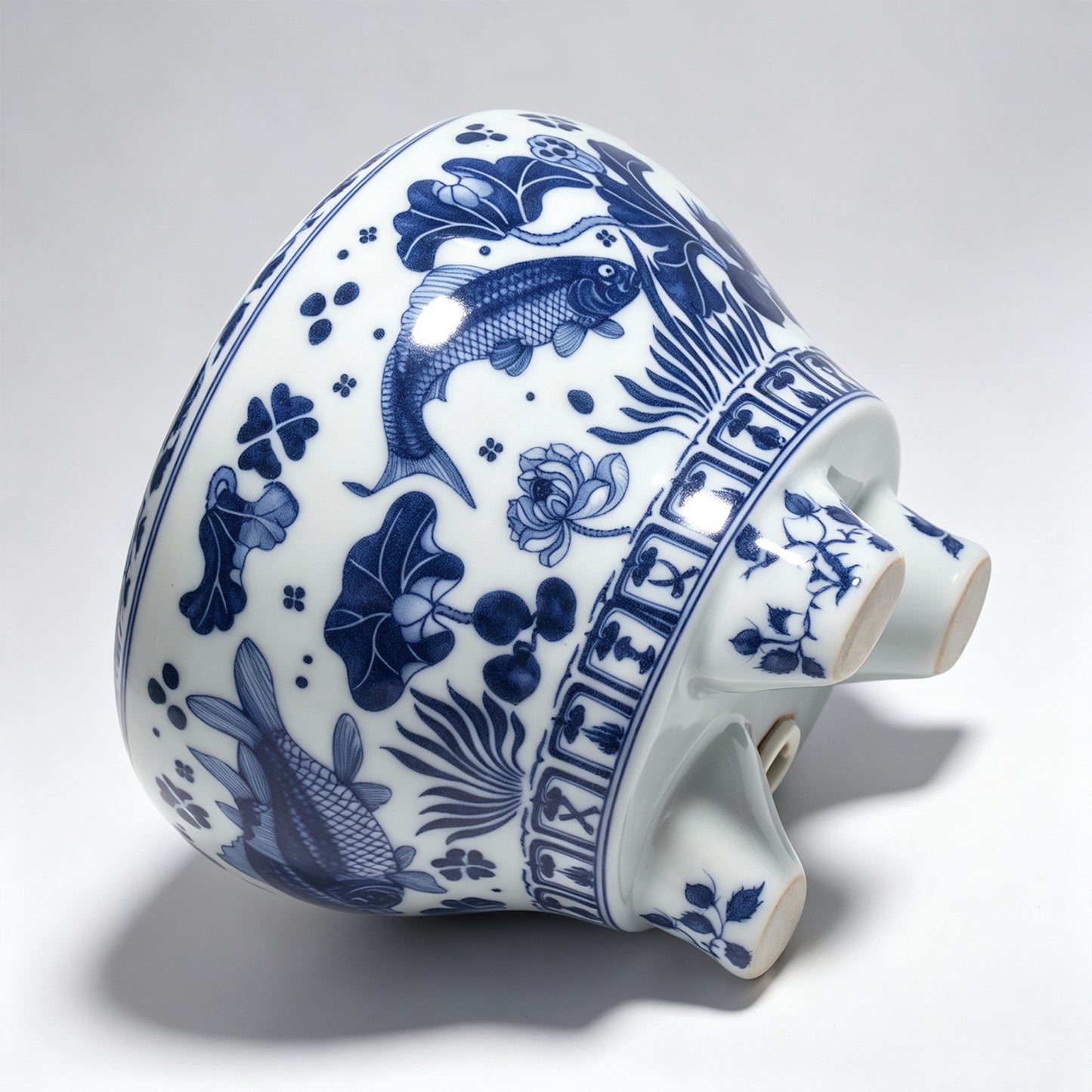Electric Blue White Porcelain Incense Burner | Koi Fish Lotus Design | Brass Woven Lid Timer Control | Zen Home Decor