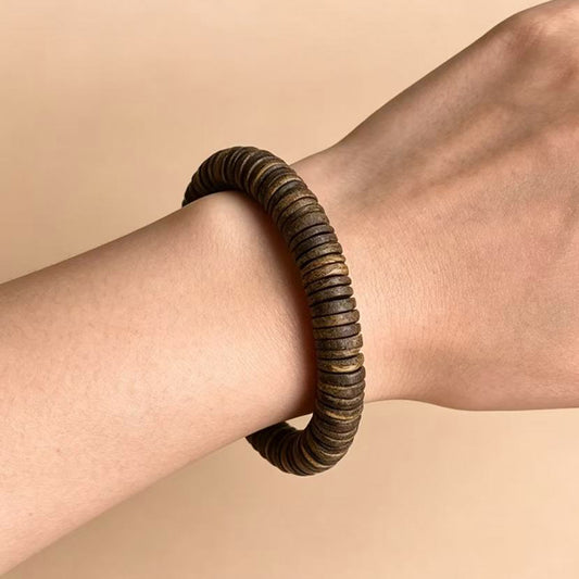 Natural Agarwood 10mm Disc Bead Bracelet | Handcrafted Flat Round Spacer Wood Beads | Single Loop Design | Dense Grain Pattern | Unique Layered Texture | Unisex Daily Wear Jewelry Gift