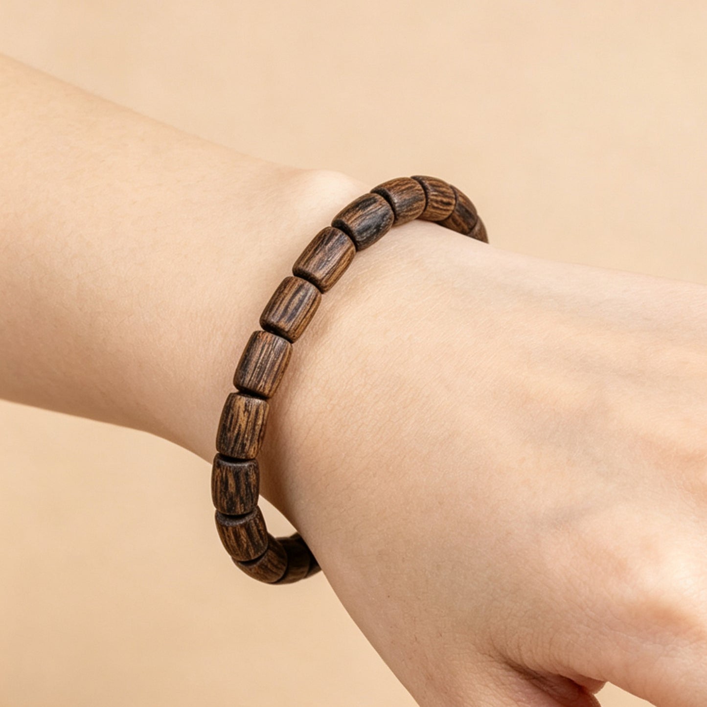 Natural Agarwood 6mm Barrel Bead Bracelet | Handcrafted Small Cylinder Wood Beads | Single Loop Minimalist Design | Dense Grain Pattern | Unisex Daily Wear Jewelry Gift