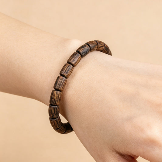 Natural Agarwood 6mm Barrel Bead Bracelet | Handcrafted Small Cylinder Wood Beads | Single Loop Minimalist Design | Dense Grain Pattern | Unisex Daily Wear Jewelry Gift
