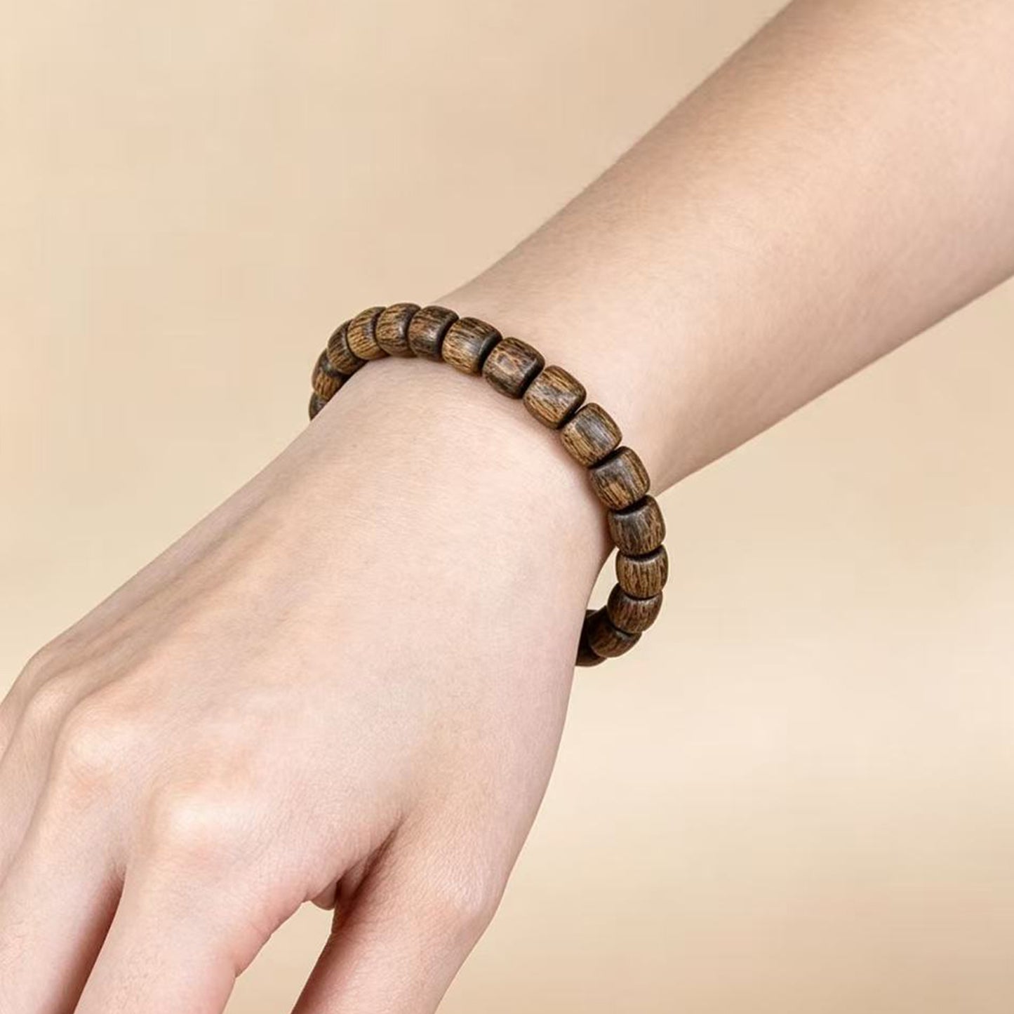 Natural Agarwood 8mm Drum Bead Bracelet | Handcrafted Rounded Cylinder Wood Beads | Single Loop Design | Dense Grain Pattern | Unisex Daily Wear Jewelry Gift