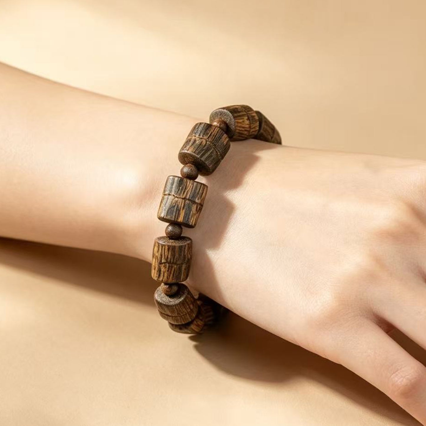 14mm Natural Kyara Agarwood Bamboo Joint Bracelet, Rich Resin Oudh Barrel Beads Mala, Authentic Aromatic Wood Prayer Beads, Spiritual Gift