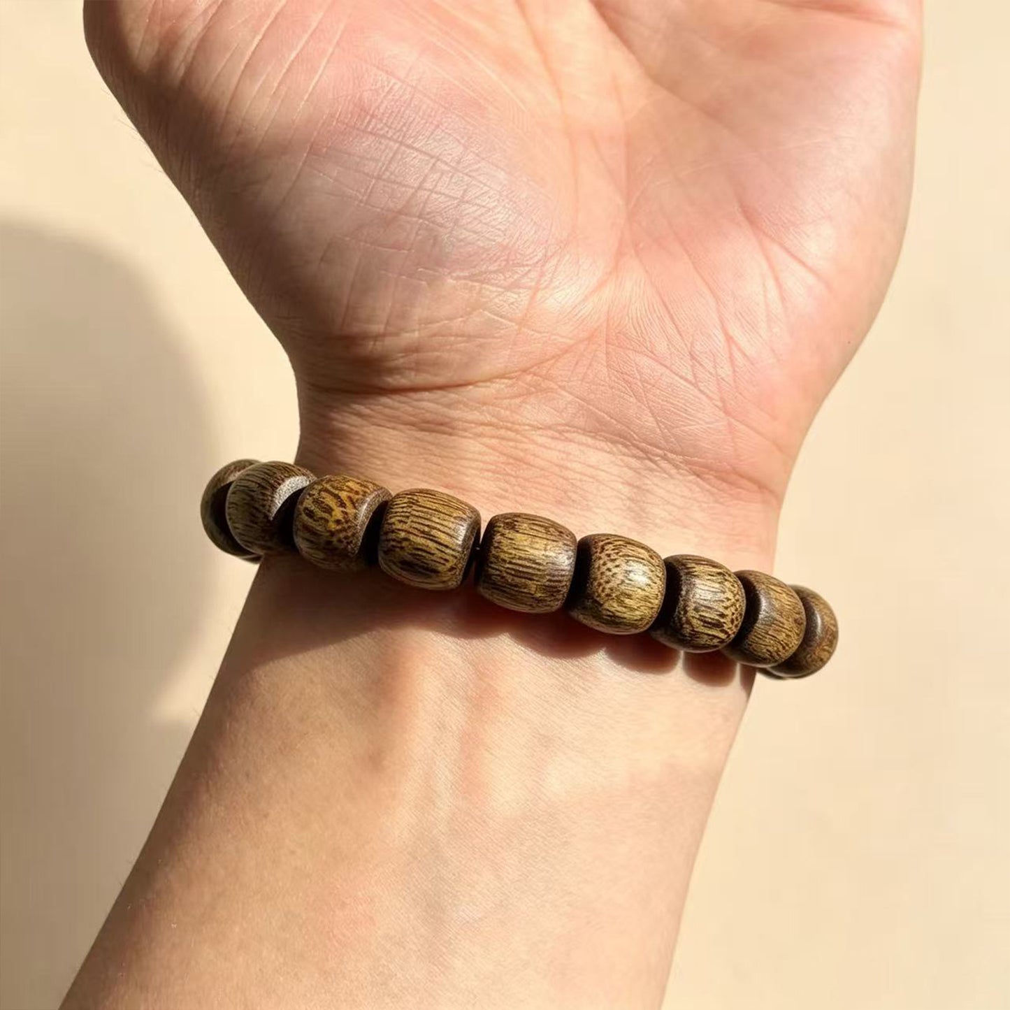 Natural Agarwood 10mm Drum Bead Bracelet | Handcrafted Rounded Cylinder Wood Beads | Single Loop Design | Dense Grain Pattern | Unisex Daily Wear Jewelry Gift