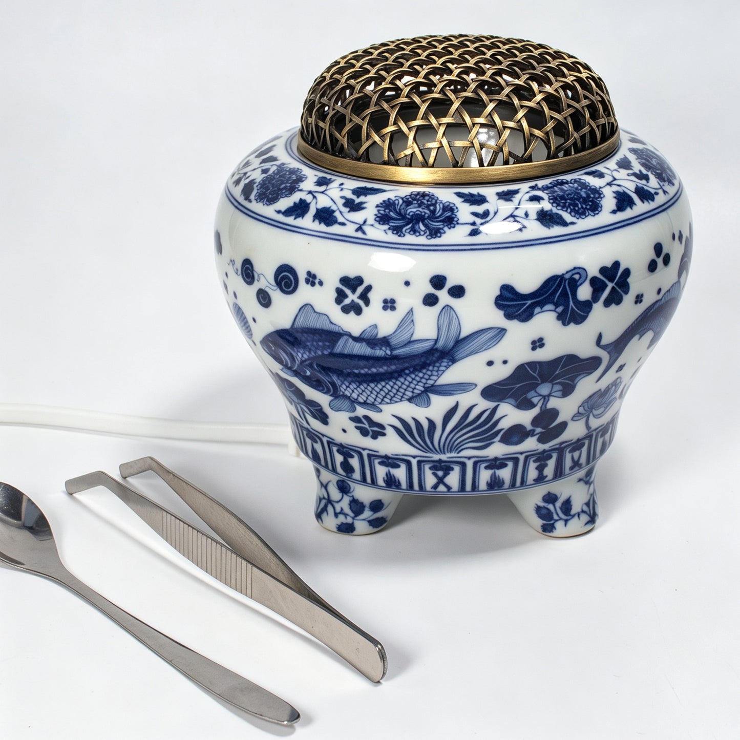 Electric Blue White Porcelain Incense Burner | Koi Fish Lotus Design | Brass Woven Lid Timer Control | Zen Home Decor