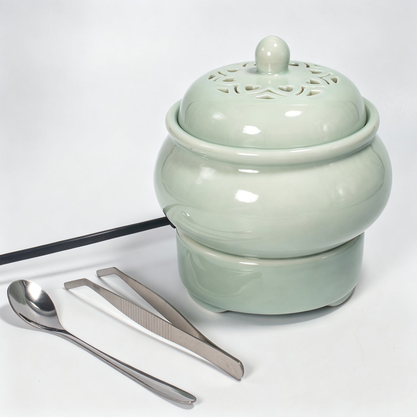 Electric Celadon Incense Burner | Longquan Style Ceramic Aromatherapy Diffuser | Pierced Lid Timer Control | Zen Home Decor