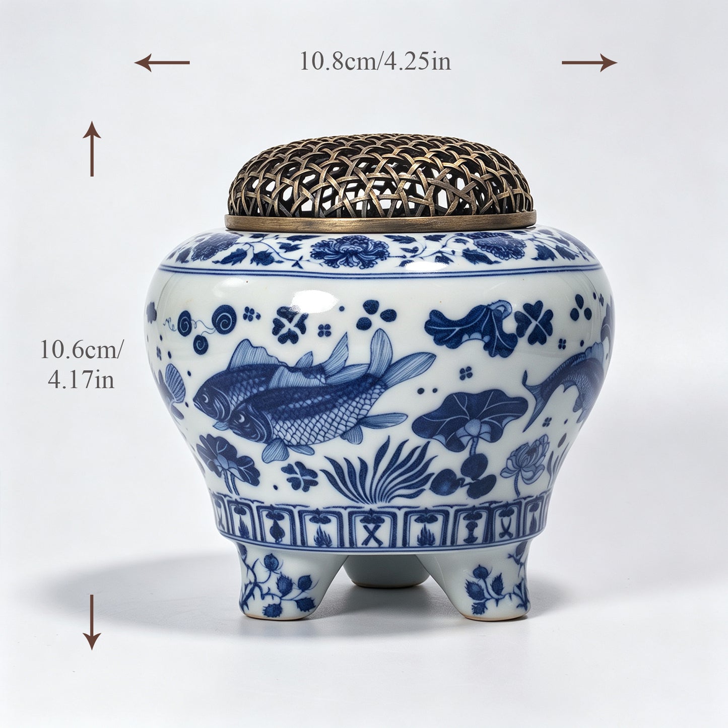 Electric Blue White Porcelain Incense Burner | Koi Fish Lotus Design | Brass Woven Lid Timer Control | Zen Home Decor