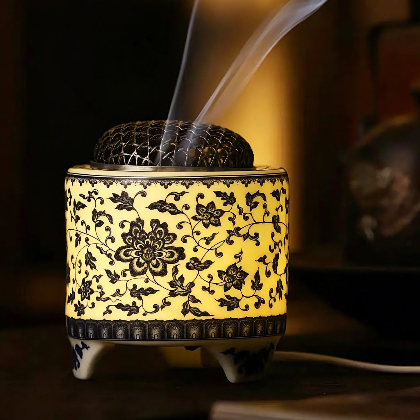 Blue and White Porcelain Electric Incense Burner with Night Light | Ceramic Aroma Diffuser with Timer | Chinese Style Zen Home Decor