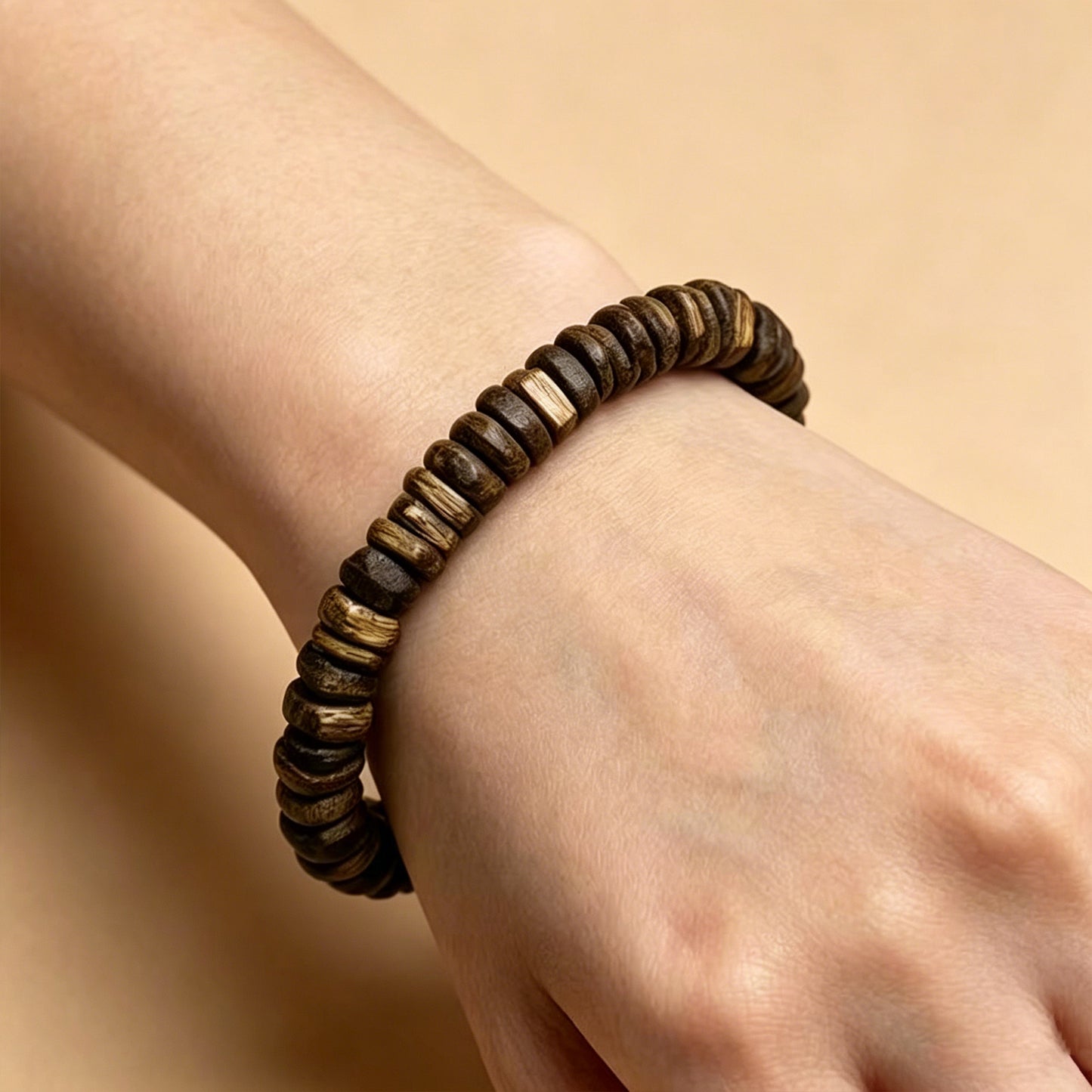 Natural Agarwood 9mm Chip Bead Bracelet | Handcrafted Irregular Slice Wood Beads | Single Loop Design | Dense Resin Grain
