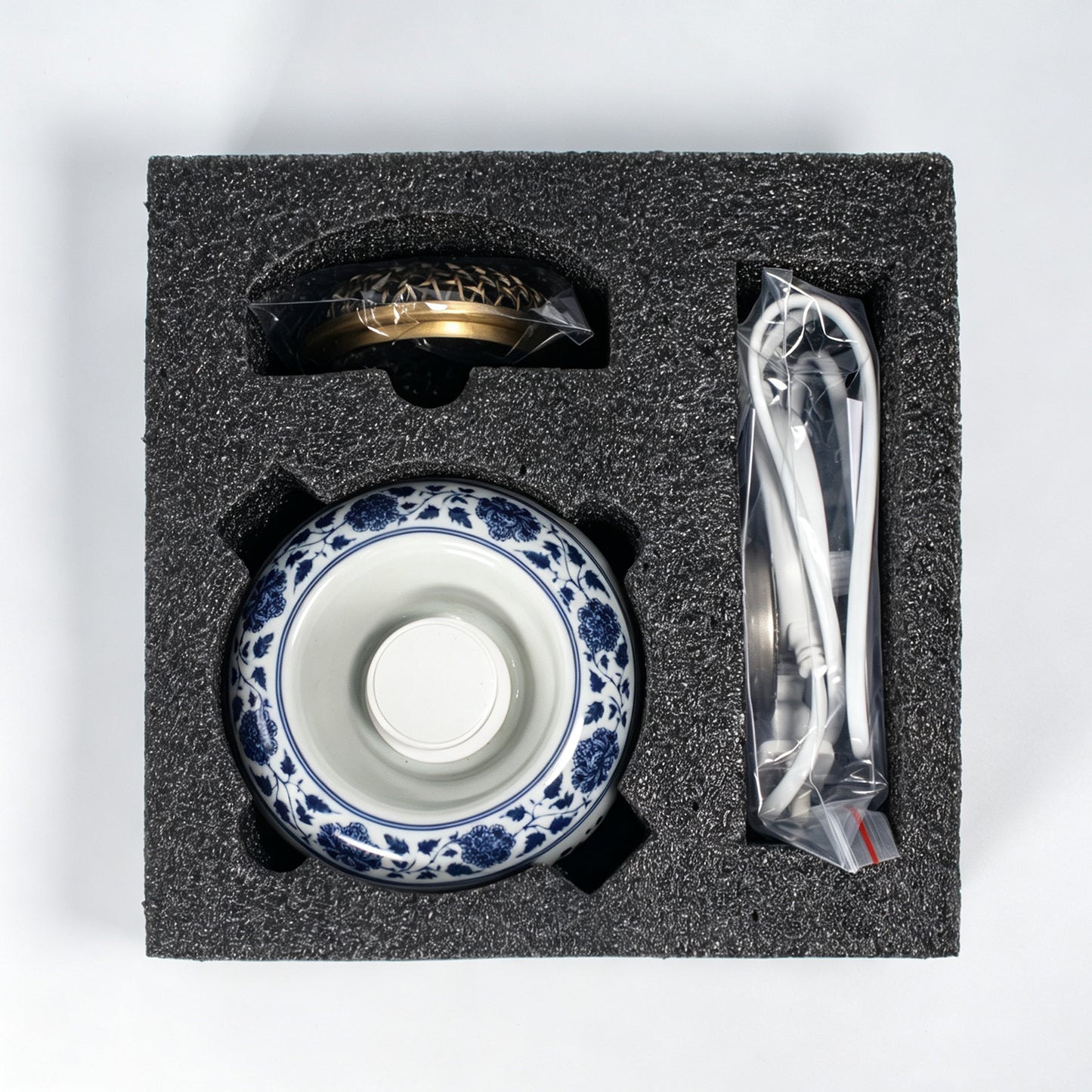 Electric Blue White Porcelain Incense Burner | Koi Fish Lotus Design | Brass Woven Lid Timer Control | Zen Home Decor